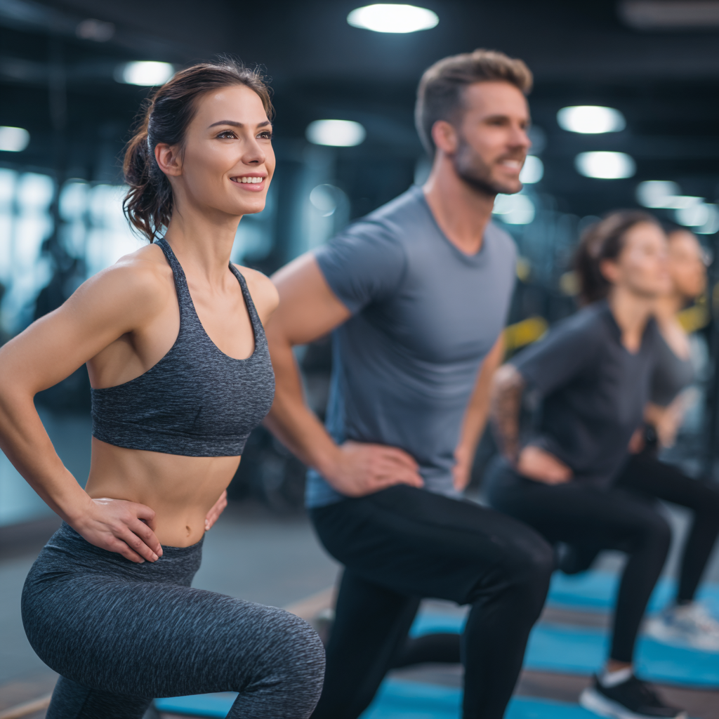 Energetic Ukrainian adults engaged in fitness training in a modern gym setting